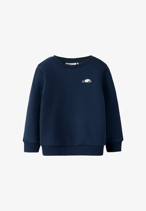 Felpa blu navy in morbido cotone, con colletto e polsini a coste, caratterizzata da un piccolo design ricamato di una macchina della polizia sulla parte anteriore.