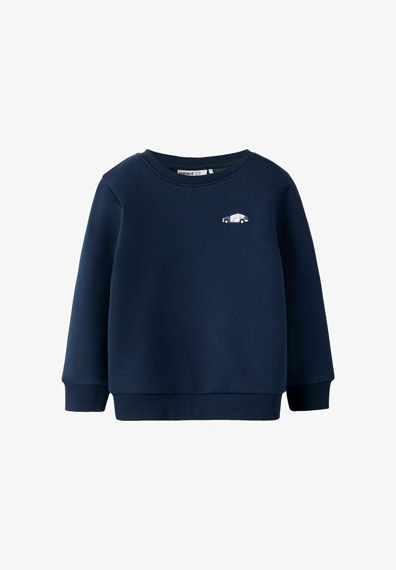 Felpa blu navy in morbido cotone, con colletto e polsini a coste, caratterizzata da un piccolo design ricamato di una macchina della polizia sulla parte anteriore.