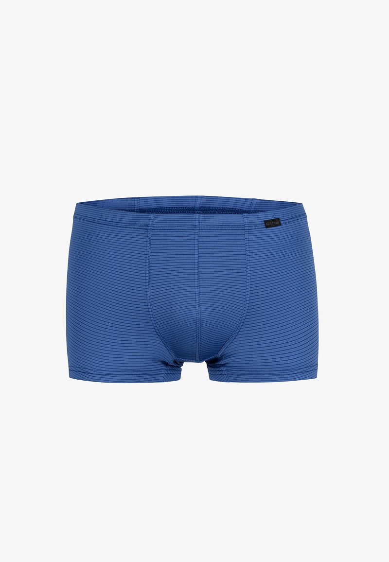 Blaue Boxershorts mit horizontalen Streifen, taillierter Form, elastischem Bund und einem Etikett an der Seite. Hergestellt aus einem weichen, dehnbaren Material.