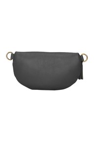Grijzeleren tas met een textuurafwerking, ovale vorm, gouden hardware accenten en een zijtassel detail. Beschikt over twee bevestigingsringen.