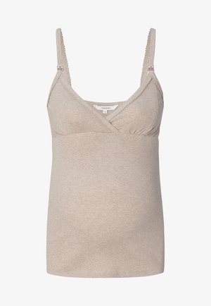 Top ciążowy w miękkim, beżowym prążkowanym materiale. Posiada regulowane ramiączka oraz dekolt w kształcie litery V z marszczeniem dla komfortu.