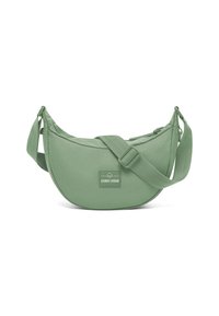 Borsa a spalla in tessuto verde con design curvo, tracolla regolabile e patch con logo sul davanti. Materiale resistente con una superficie liscia.