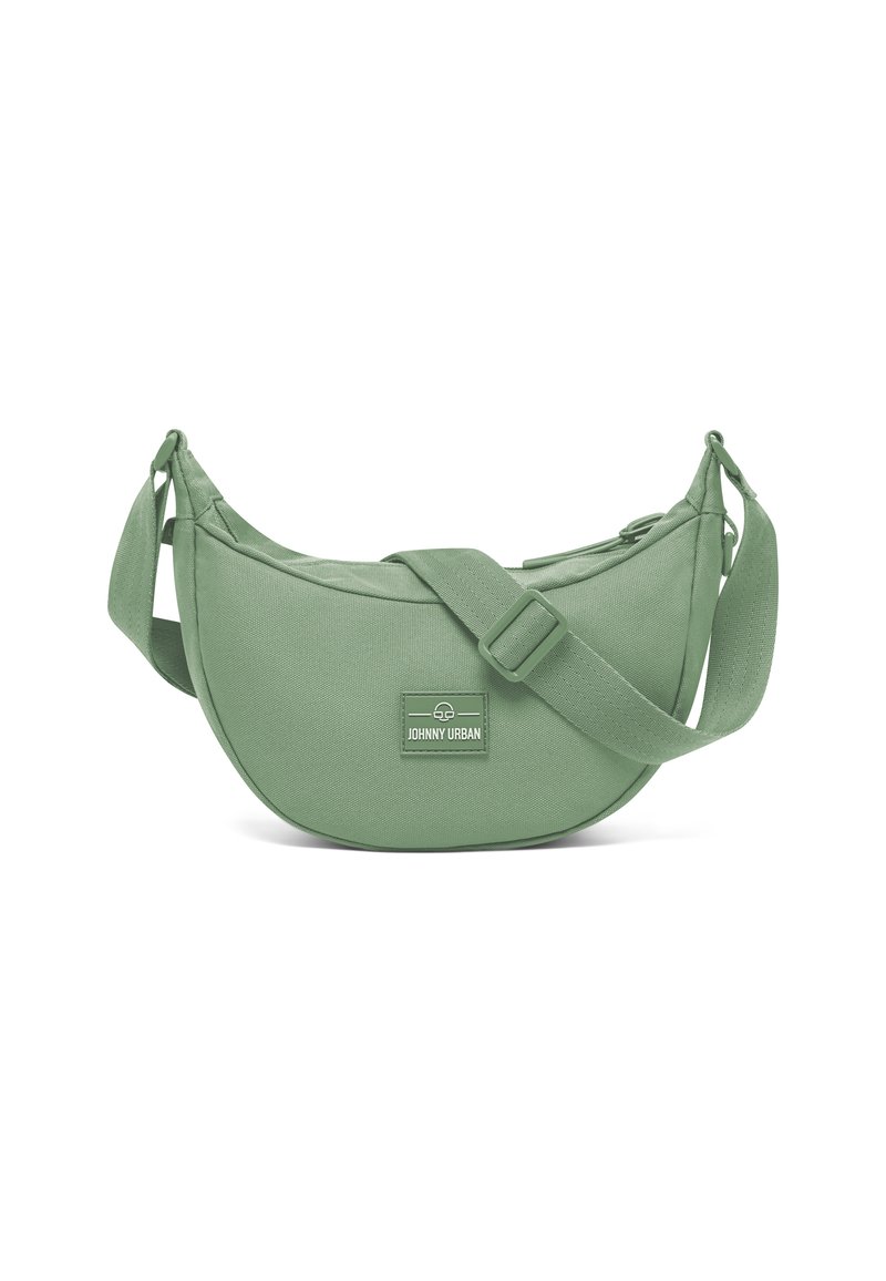 Borsa a spalla in tessuto verde con design curvo, tracolla regolabile e patch con logo sul davanti. Materiale resistente con una superficie liscia.