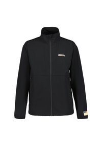 Black jacket made of lightweight material, featuring a full zip, high collar, two side pockets, and a subtle logo on the chest.