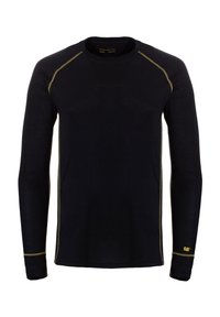 Zwarte thermoshirt met lange mouwen, gouden stiksels, ronde halslijn en logo nabij de manchetten. Zacht materiaal en slim-fit ontwerp voor warmte.