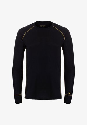 Long-sleeve black thermal shirt with gold stitching, round neckline, and logo near the cuff. Soft fabric and fitted design for warmth.