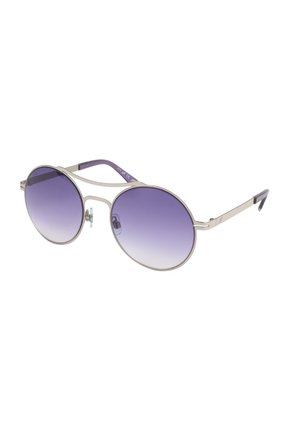 Occhiali da sole rotondi con sottile montatura in metallo color argento e lenti sfumate viola, con naselli regolabili e terminali delle aste neri.