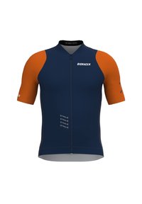 Short-sleeve cycling jersey in navy and orange. Features a full front zipper, textured sleeves, and branding on the front and sleeves.