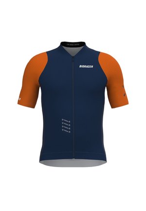 Korte mouwen racefiets shirt in marineblauw en oranje. Voorzien van een volledige rits aan de voorkant, textuur mouwen en merkvermelding op de voorkant en mouwen.