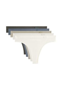 Set di cinque perizomi di vari colori: grigio scuro, blu navy, grigio chiaro, beige e bianco. Realizzati in un tessuto morbido ed elasticizzato con una texture liscia.