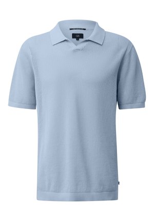 Lichtblauw poloshirt met korte mouwen en een gestructureerd breipatroon, geribde manchetten, kraag en zoom, maat medium, van voren gezien.