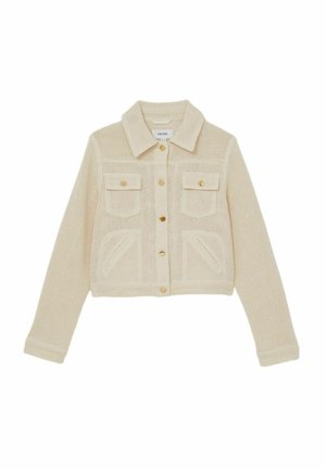 Giacca cream tagliata con un design a maglia testurizzata, dotata di bottoni dorati, due taschini sul petto e un colletto classico.