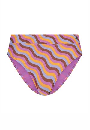 Swim briefs in a colorful wave pattern featuring shades of brown, pink, orange, and lavender. Made of smooth, stretchy fabric.