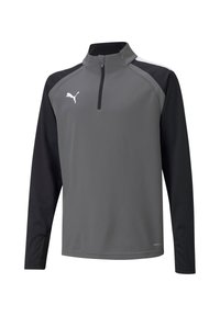 Grauer sportlicher Pullover mit schwarzen Ärmeln, halber Reißverschluss am Kragen und strukturierten Seitenpanelen. Mit einem weißen Logo auf der linken Brust.