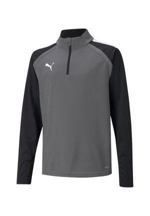 Pull-over de sport gris avec des manches noires, col zippé mi-hauteur et panneaux latéraux texturés. Présente un logo blanc sur la poitrine gauche.