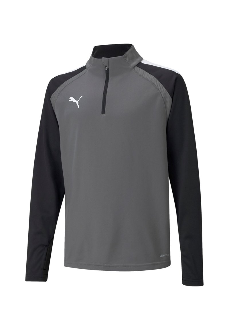 Grauer sportlicher Pullover mit schwarzen Ärmeln, halber Reißverschluss am Kragen und strukturierten Seitenpanelen. Mit einem weißen Logo auf der linken Brust.