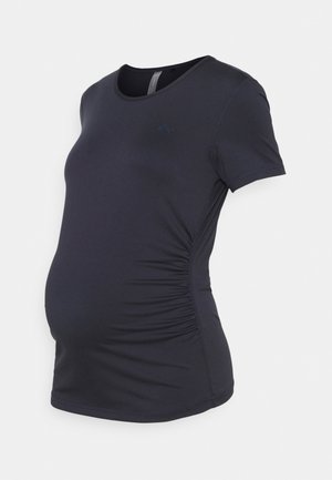 T-shirt de maternidade em azul escuro, com mangas curtas, decote redondo, franzidos laterais e material elástico para conforto.