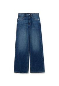 Weite Jeans mit geradem Bein in einem dunklen Blauton. Mit hohem Bund, Fünf-Taschen-Design und Knopfverschluss. Glatte Textur mit leichter Ausbleichung.