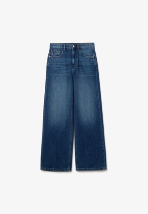 Wide-leg denim jeans in a dark blue wash. Features a high waist, five-pocket design, and a button closure. Smooth texture with slight fading.