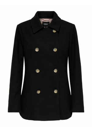 Crni kaput od vune s dodatkom, dvostrukog zatvaranja s izrezanim ovratnikom, sa zlatnim gumbima i bočnim džepovima. Glatka tekstura, kroj prilagođen figuri.