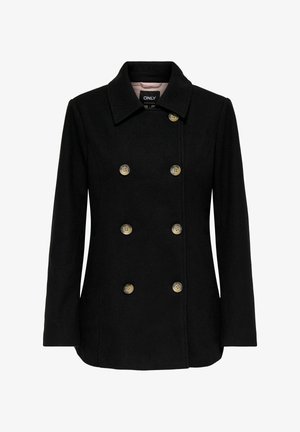 Mustast villasegistusest kahekordne jakk, millel on nurgeline krae, kuldse tooniga nuppudega ja küljetaskudega. Sile tekstuur, kohandatud sobivus.