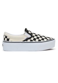 Zwart-witte schaakbord instappersneaker met een witte rubberen zool en een gepolsterde kraag voor comfort. Van canvasmateriaal met stikdetails.