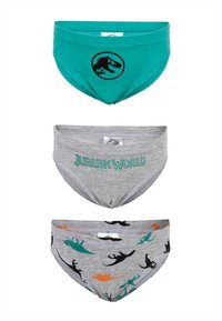 Jurassic-Welt-Themen-Jungenunterwäsche: oben teal mit schwarzem Dinosaurier-Logo, in der Mitte grau mit "Jurassic World"-Text, unten grau mit bunten Dinosaurier-Mustern.