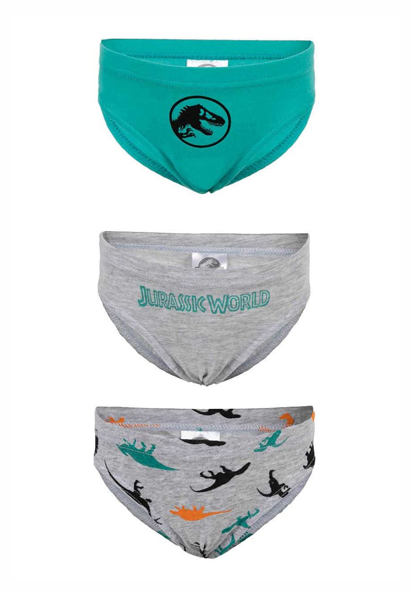 Jurassic-Welt-Themen-Jungenunterwäsche: oben teal mit schwarzem Dinosaurier-Logo, in der Mitte grau mit "Jurassic World"-Text, unten grau mit bunten Dinosaurier-Mustern.