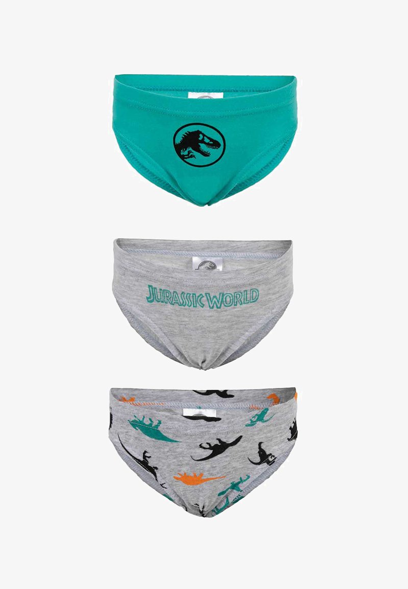 Jurassic-Welt-Themen-Jungenunterwäsche: oben teal mit schwarzem Dinosaurier-Logo, in der Mitte grau mit "Jurassic World"-Text, unten grau mit bunten Dinosaurier-Mustern.