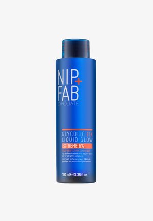 Blaue Plastikflasche mit runder Form, ausgestattet mit einem Klappdeckel. Etikett mit dem Text "Glycolic Fix Liquid Glow" sowie Anweisungen in weißer und orangefarbener Schrift.