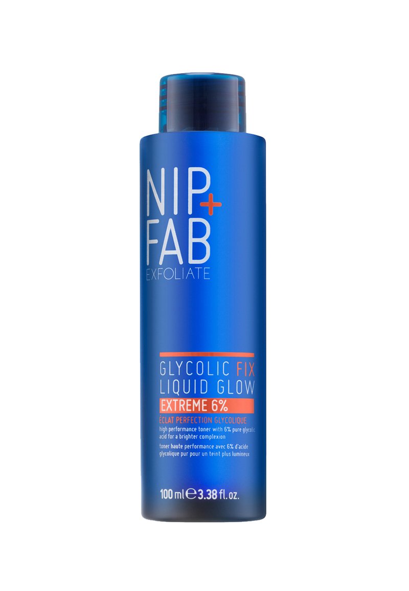 Blå plastflaske med en rundet form, udstyret med et flip-top låg. Etiketdetaljer "Glycolic Fix Liquid Glow" samt instruktioner i hvid og orange tekst.