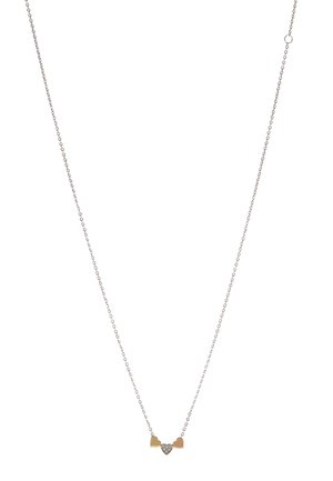 Silver chain necklace with three heart-shaped pendants: one silver, one gold, and a central diamond-accented heart. Smooth metallic finish.
