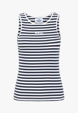 Marineblau- und weiße gestreifte, ärmellose Tanktop aus geripptem Stoff. Verfügt über ein Logo auf der Vorderseite und einen runden Ausschnitt mit einer taillierten Silhouette.