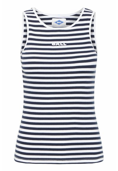 Top sin mangas a rayas en azul marino y blanco, confeccionado en tejido acanalado. Presenta un logo en la parte delantera y un cuello redondo con una silueta ajustada.