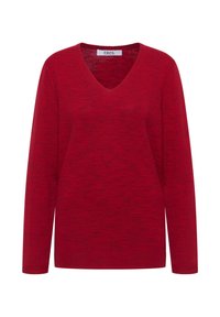 Maglione rosso a maniche lunghe con scollo a V e motivo testurizzato. Il tessuto presenta sottili righe e l'orlo e i polsini sono a costine.