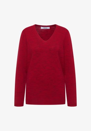 Rode lange mouwen v-hals trui met een textuurpatroon. De stof heeft subtiele strepen en de zoom en mouwen hebben een ribbelstructuur.