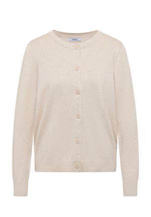 Cardigan beige à manches longues avec encolure ronde et cinq boutons sur le devant, poignets et ourlet côtelés, étiquette "CECIL".