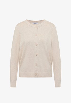 Cardigan beige à manches longues avec encolure ronde et cinq boutons sur le devant, poignets et ourlet côtelés, étiquette "CECIL".