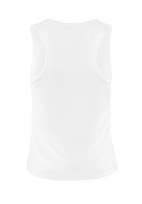 White sleeveless tank top with a smooth texture, rounded neckline, and a slight curve at the hem. No visible patterns or accents.