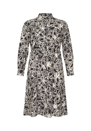 Långärmad klänning med bälte, prydd med ett blommigt mönster i svart och krämvitt. Tyget är lätt och klänningen har en krage och knappslå.