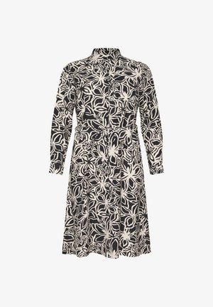 Langärmliges, tailliertes Kleid mit einem schwarz-creamfarbenen Blumenmuster. Der Stoff ist leicht und hat ein Kragen- sowie Knopfleisten-Design.