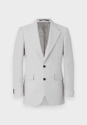 Hellgraue Leinenanzugjacke mit eingekerbtem Revers, zwei Knöpfen, zwei vorderen Taschen und schwarzen Knopfakzenten. Glatte Textur im gesamten Jackenbereich.