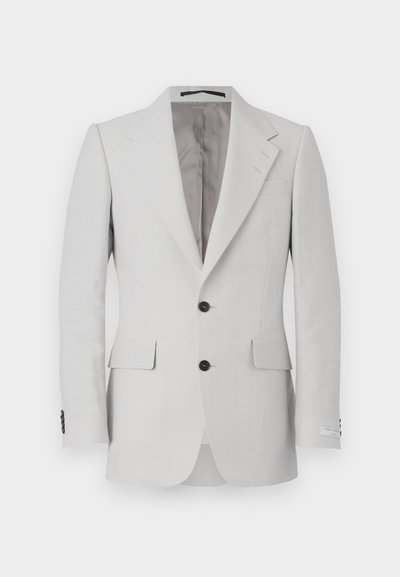 Giacca di suit in lino grigio chiaro con rever a punta, due bottoni, due tasche frontali e dettagli in bottone neri. Texture liscia in tutto il capo.