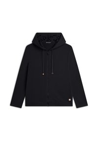 Felpa nera con zip e cappuccio regolabile, foderata in stampa leopardata e con dettagli dorati sulla zip e sull'etichetta del logo. Tessuto morbido e vestibilità regolare.