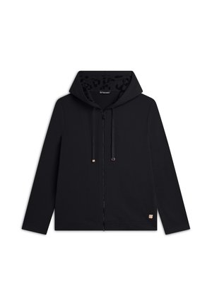 Felpa nera con zip e cappuccio regolabile, foderata in stampa leopardata e con dettagli dorati sulla zip e sull'etichetta del logo. Tessuto morbido e vestibilità regolare.