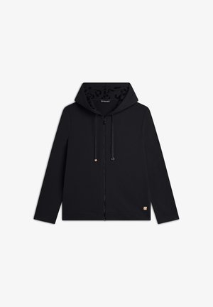 Felpa nera con zip e cappuccio regolabile, foderata in stampa leopardata e con dettagli dorati sulla zip e sull'etichetta del logo. Tessuto morbido e vestibilità regolare.