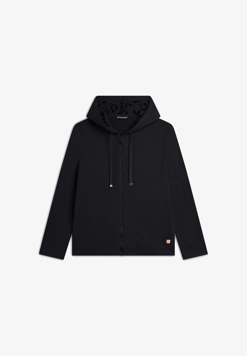 Felpa nera con zip e cappuccio regolabile, foderata in stampa leopardata e con dettagli dorati sulla zip e sull'etichetta del logo. Tessuto morbido e vestibilità regolare.