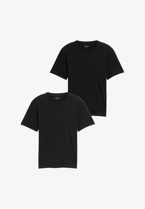 Mustad musta puuvilla T-särk, ümar kaelus, lühikesed varrukad, sile tekstuur, minimalistliku disainiga, esitletud kahekaupa.