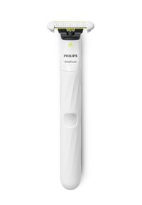 Philips OneBlade; witte plastic behuizing, rechthoekig mes met gele accenten, ergonomisch design, aan-uitknop op de handgreep, lichtgewicht.