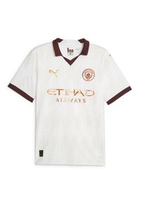 Valkoinen Manchester City -jalkapallopaita, jossa on marjapuna kaulus ja hihansuut, kultainen Puma-logo, seuran vaakuna ja Etihad Airways -sponsori edessä.